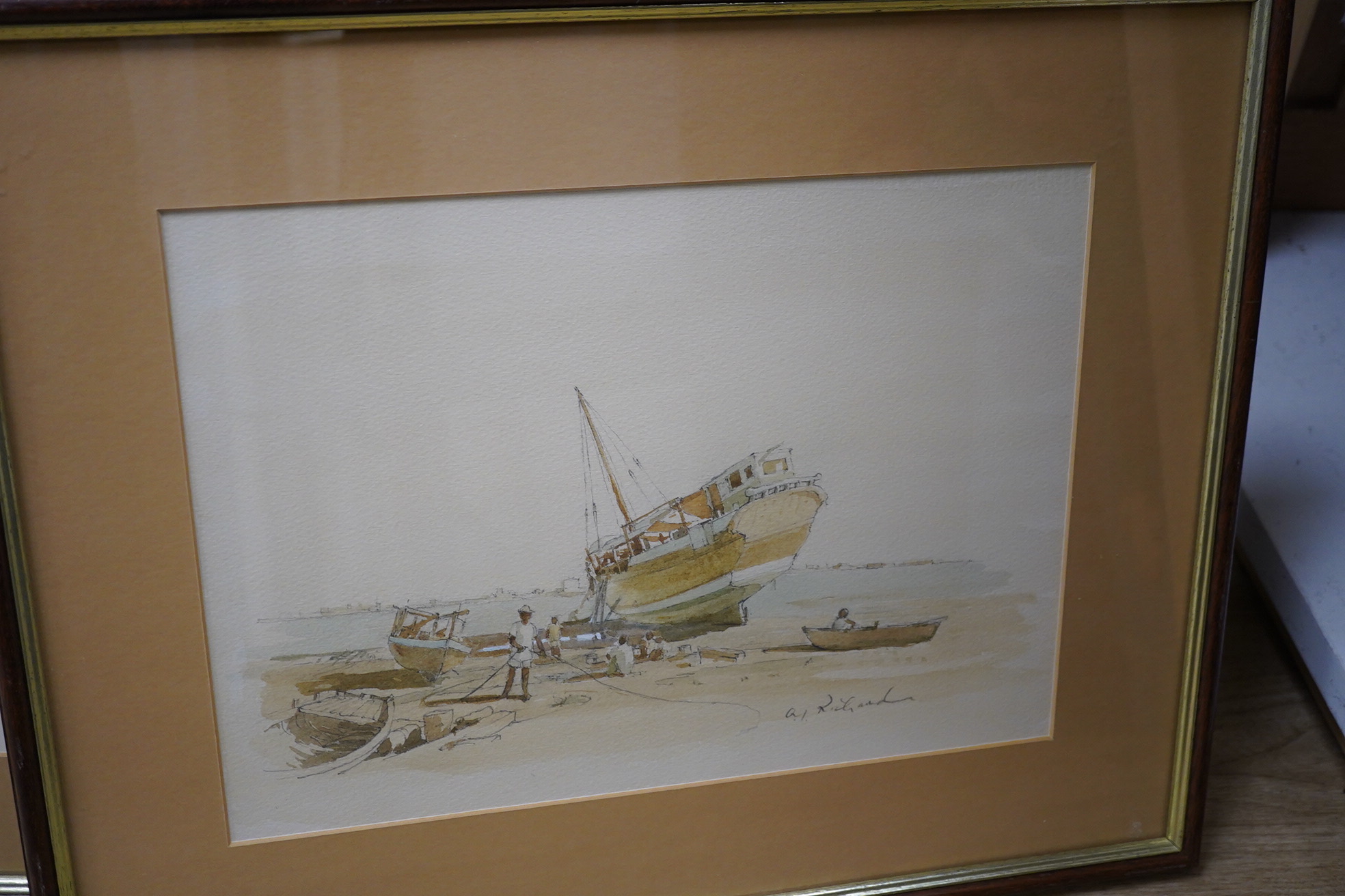 A. J. Richard, set of five watercolours, Beach scenes with moored boats, each signed, largest 23 x 30cm. Condition - fair to good